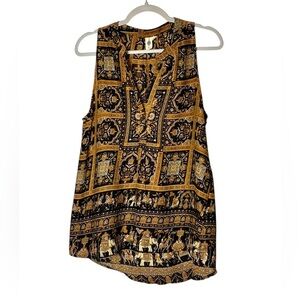 Anthropologie Let it Be Sleeveless Black, Orange & Cream Patterned Top Blouse